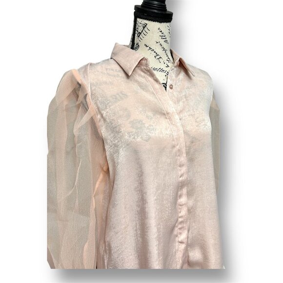 Anthropologie Grey Lab S Pink Satin Semi-Sheer Blouse Mesh Puff Sleeves Feminine - Picture 4 of 9